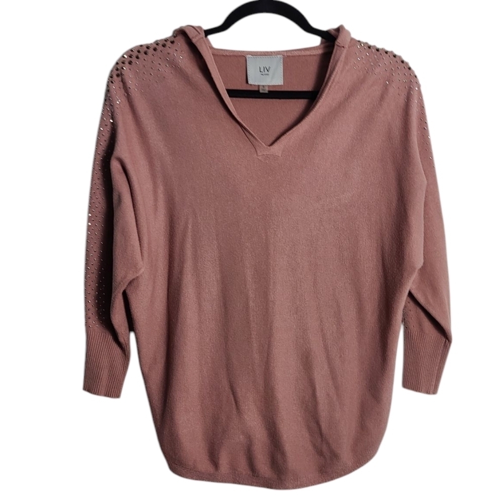 LIV MILANO Soft Pink Sweater Studded Shoulder And Sleeve Detail w/ Hood Size Sm